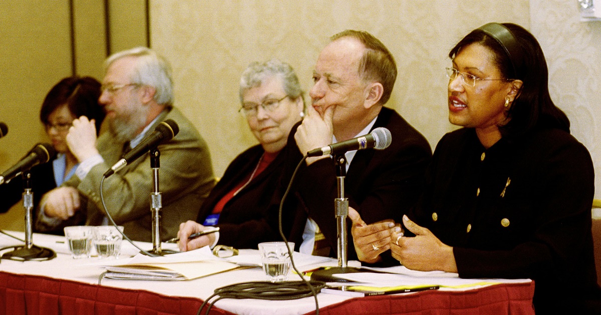 The Rev. Joy Moore (right) talks about the nature of the church during a panel discussion at the Pre-General Conference News Briefing in Pittsburgh Jan. 30. UMNS photo by Mike DuBose