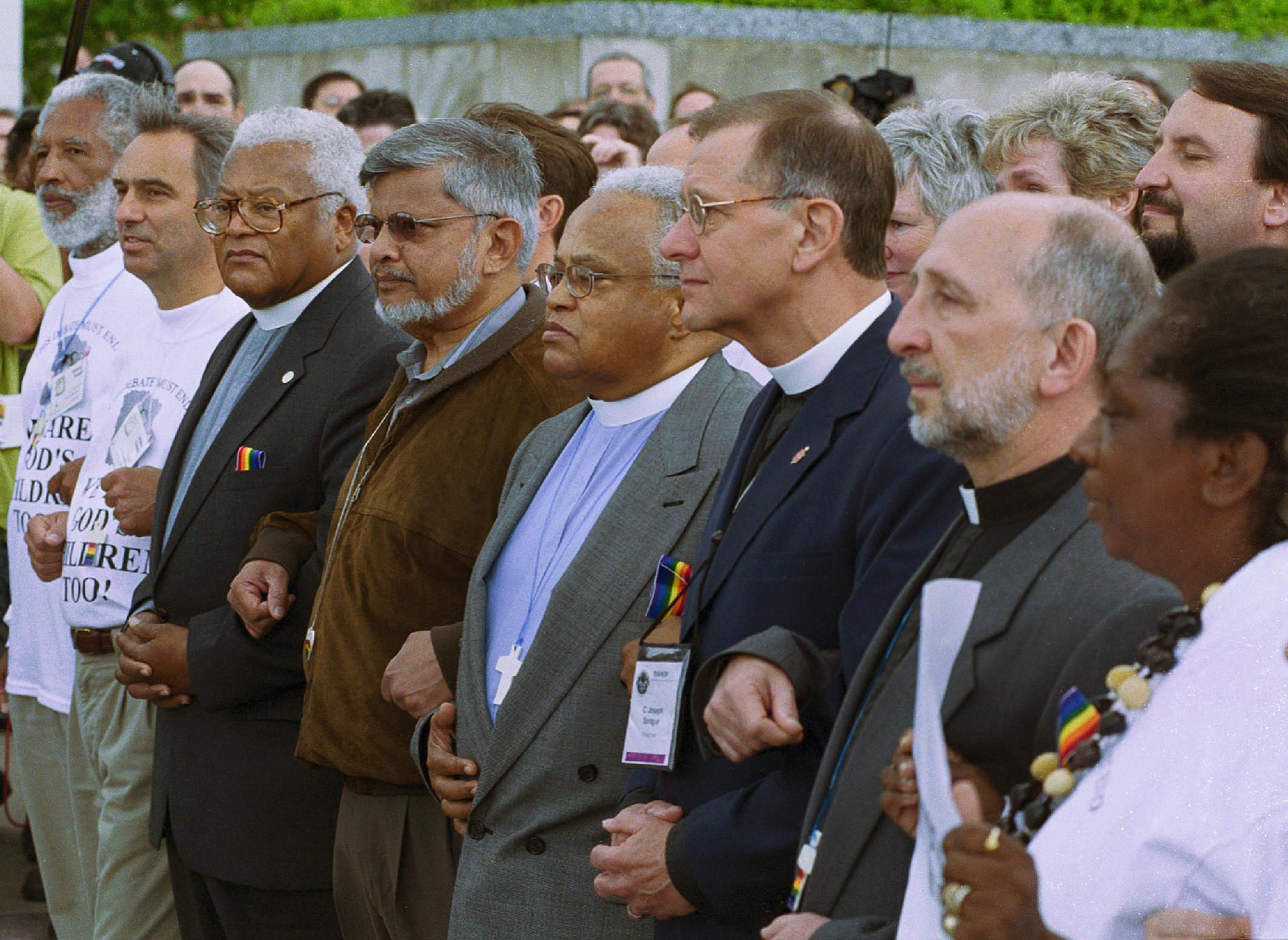 Leaders of a protest against the United Methodist Church's policies against homosexuals block the entrance to the Cleveland Convention Center. UMNS file photo by Paul Jeffrey