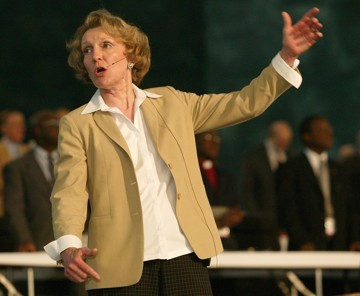 Barbara Day Miller, General Conference music director, conducts the choir of St. James United Methodist Church, Alpharetta, Ga., during morning worship on April 27 at the United Methodist General Conference in Pittsburgh. A UMNS photo by Mike DuBose.