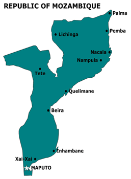 The Republic of Mozambique. A UMNS graphic by Laura J. Latham