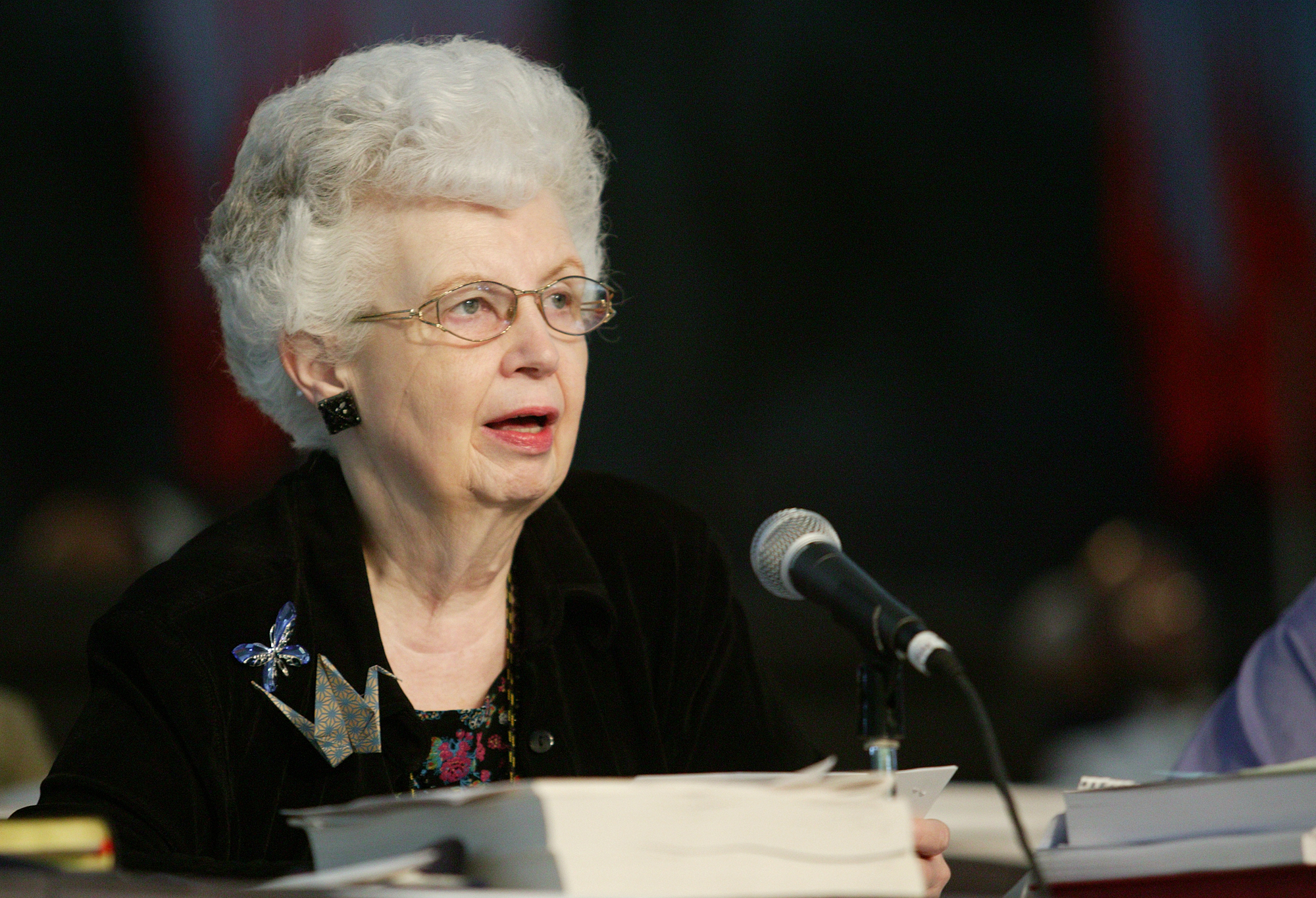 Carolyn M. Marshall, General Conference secretary, reads the decision of the United Methodist Judicial Council that the practice of homosexuality is a chargeable offense for clergy during the May 1 session of the denomination's 2004 General Conference in Pittsburgh. A UMNS photo by Mike DuBose.