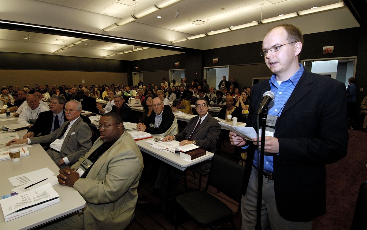 Delegate Andreas Elfving of the Finland-Swedish Provisional Conference speaks in a session of the legislative committee on church and society during the 2004 United Methodist General Conference in Pittsburgh. 