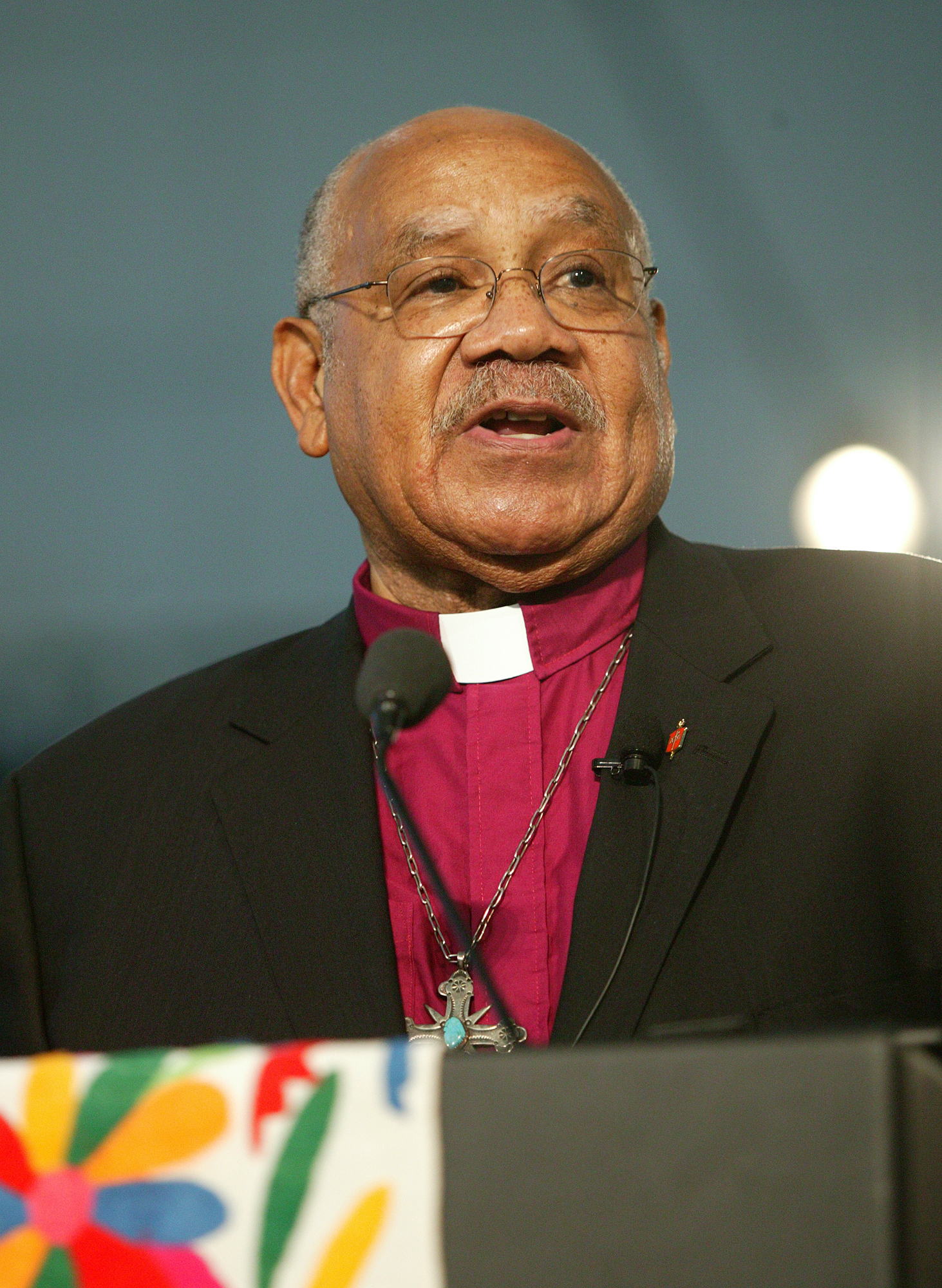 United Methodist Bishop Melvin Talbert, ecumenical officer for the denomination's council of bishops, introduces ecumenical guests during the church's 2004 General Conference in Pittsburgh. A UMNS photo by Mike DuBose.