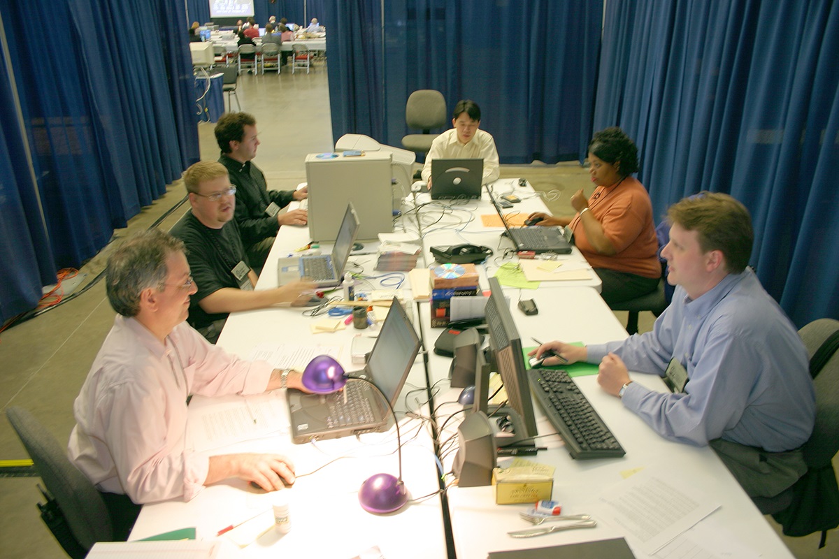 United Methodist Communications' Web Ministry Team produce the Internet report of work of General Conference delegates. A UMNS photo by Rasul Welch.