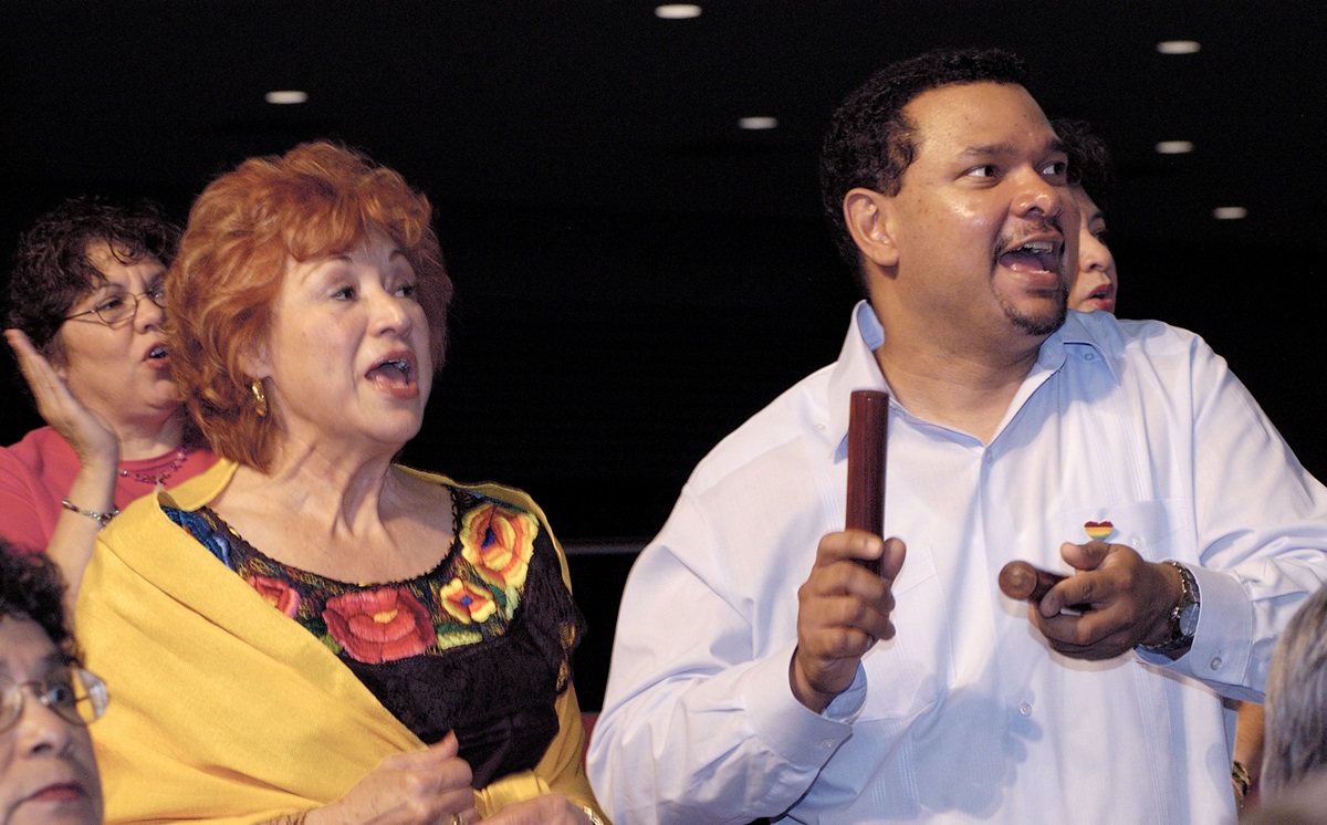 Members of the Rio Grande Conference Choir sing during morning worship on May 5 at the 2004 United Methodist General Conference in Pittsburgh. A UMNS photo by Paul Jeffrey.