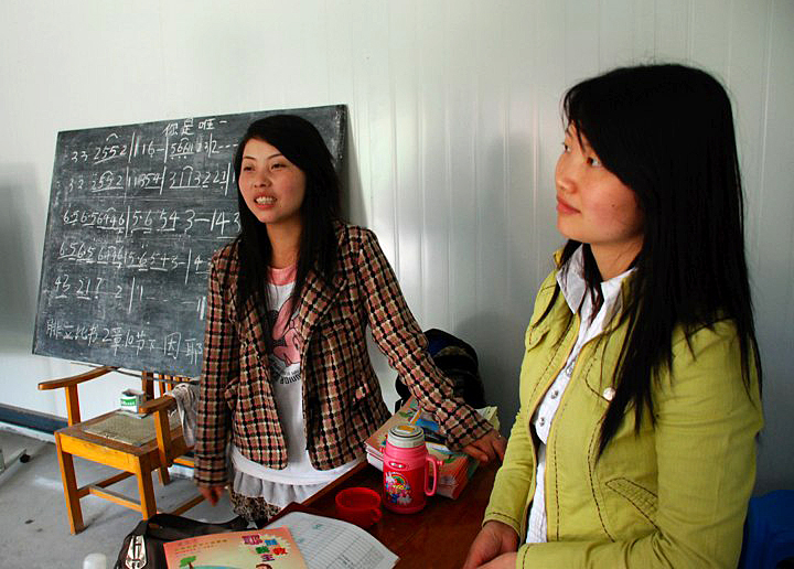 Sunday school teachers hold classes in a new temporary building that is now home to the historical Mianzhu Protestant Church in Mianzhu, China. A UMNS Web-only photo courtesy of Amity Foundation.