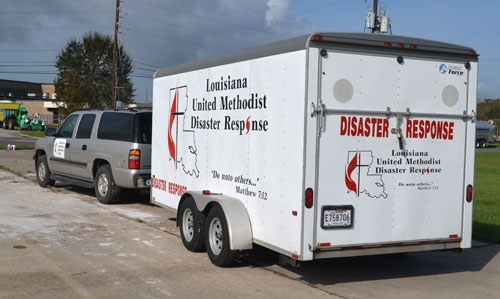 Louisiana United Methodist Disaster Response trailer is parked outside First United Methodist Church in LaPlace.
