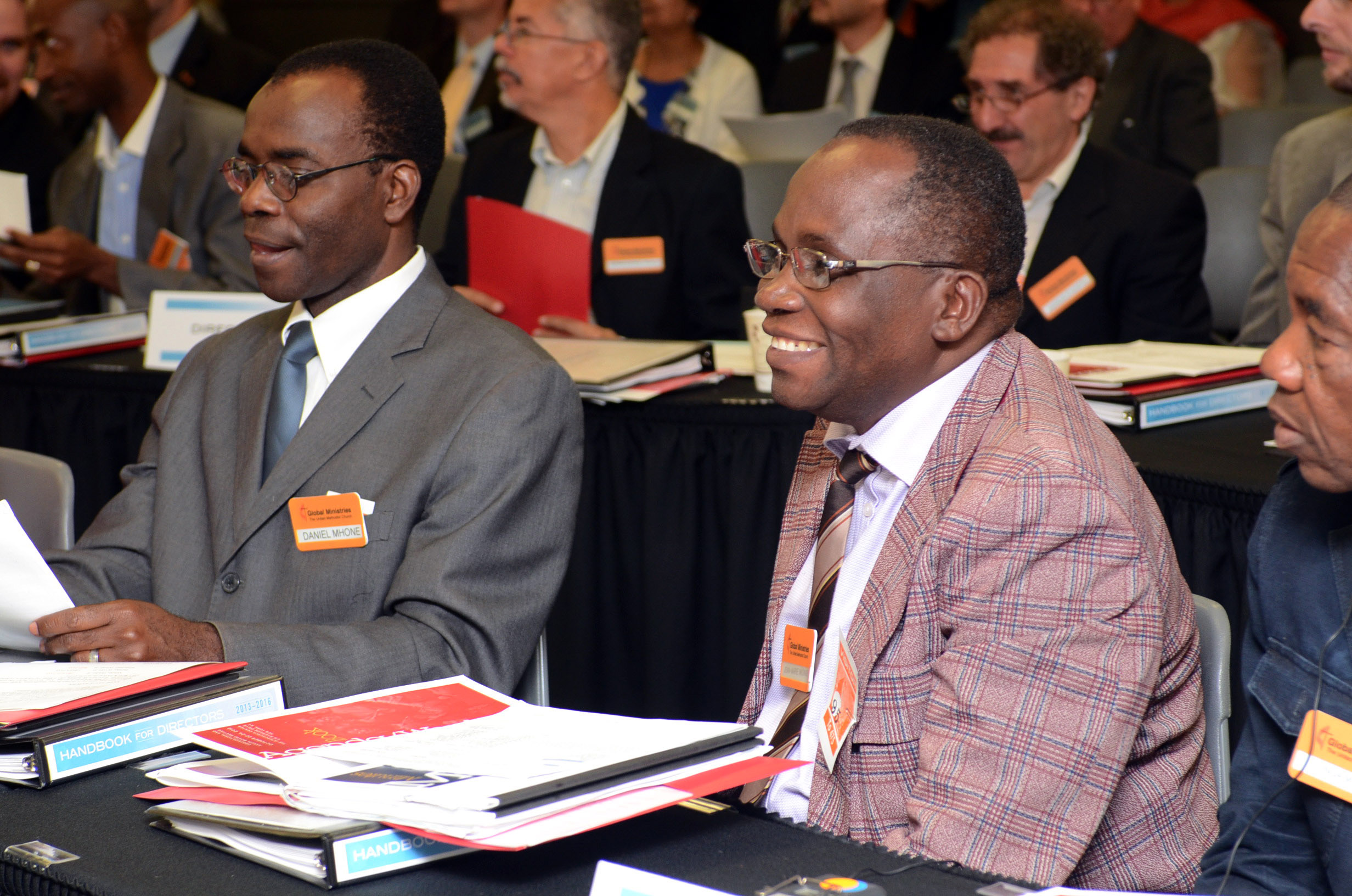 The Revs. Daniel Levson Ion Mhone of Malawi (left), and Jean-Marie Nkonge of South Congo participate in the Oct. 22-24 Board of Global Ministries meeting.