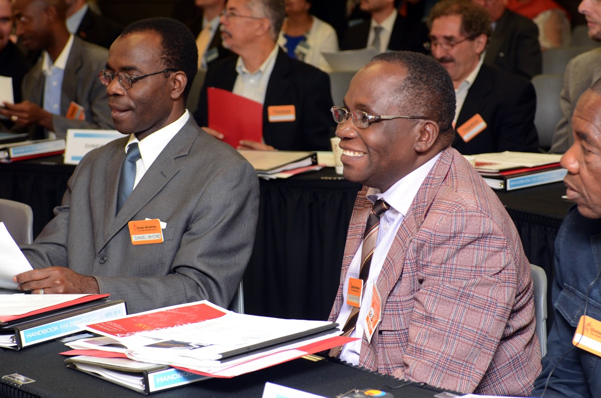 The Revs. Daniel Levson Ion Mhone of Malawi (left), and Jean-Marie Nkonge of South Congo participate in the Oct. 22-24 Board of Global Ministries meeting.