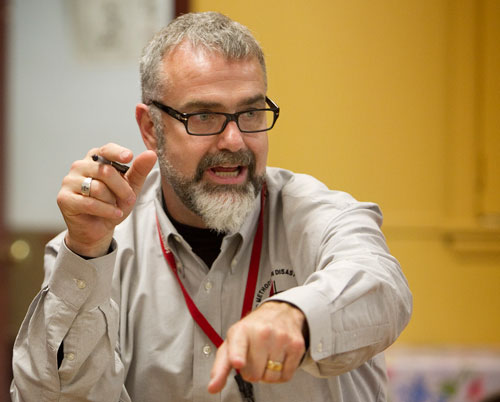 The Rev. Tom Hazlewood assesses emergency response to Hurricane Sandy during at meeting at Bethel United Methodist Church on Staten Island. A UMNS photo by Mike DuBose.
