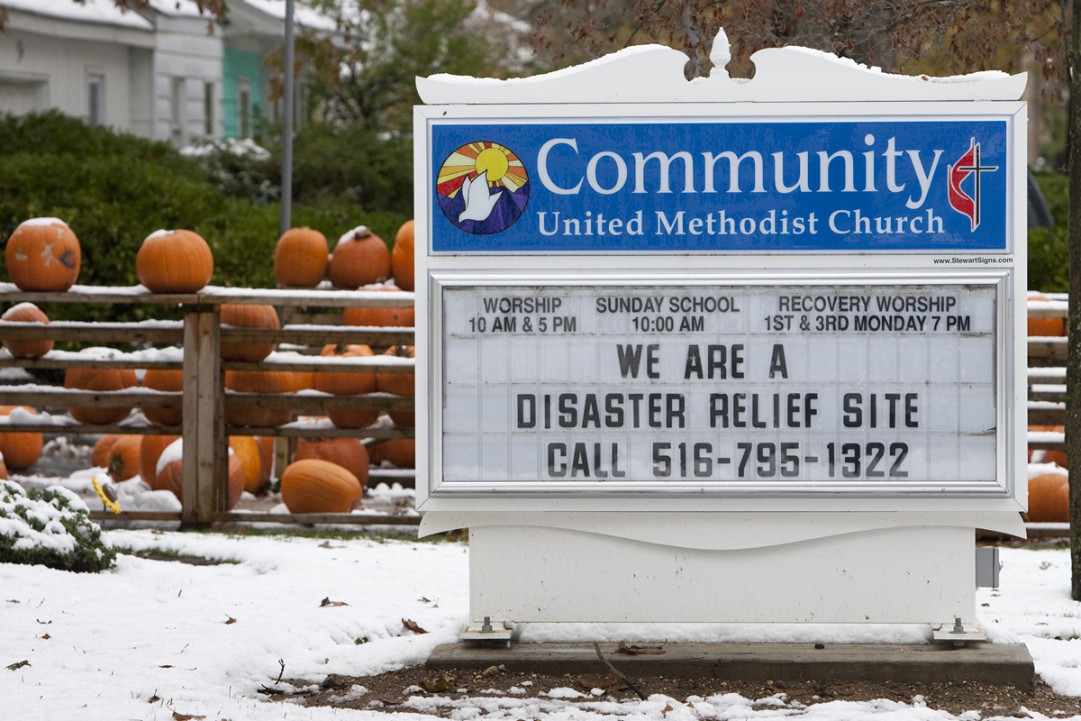 Snow covers pumpkins from a fall festival at Community United Methodist Church in Massapequa, N.Y., that was interrupted by Hurricane Sandy and a subsequent noreaster snowstorm that left several inches of snow on parts of Long Island. The church is serving as a disaster relief site for survivors of the storm. A UMNS photo by Mike DuBose.