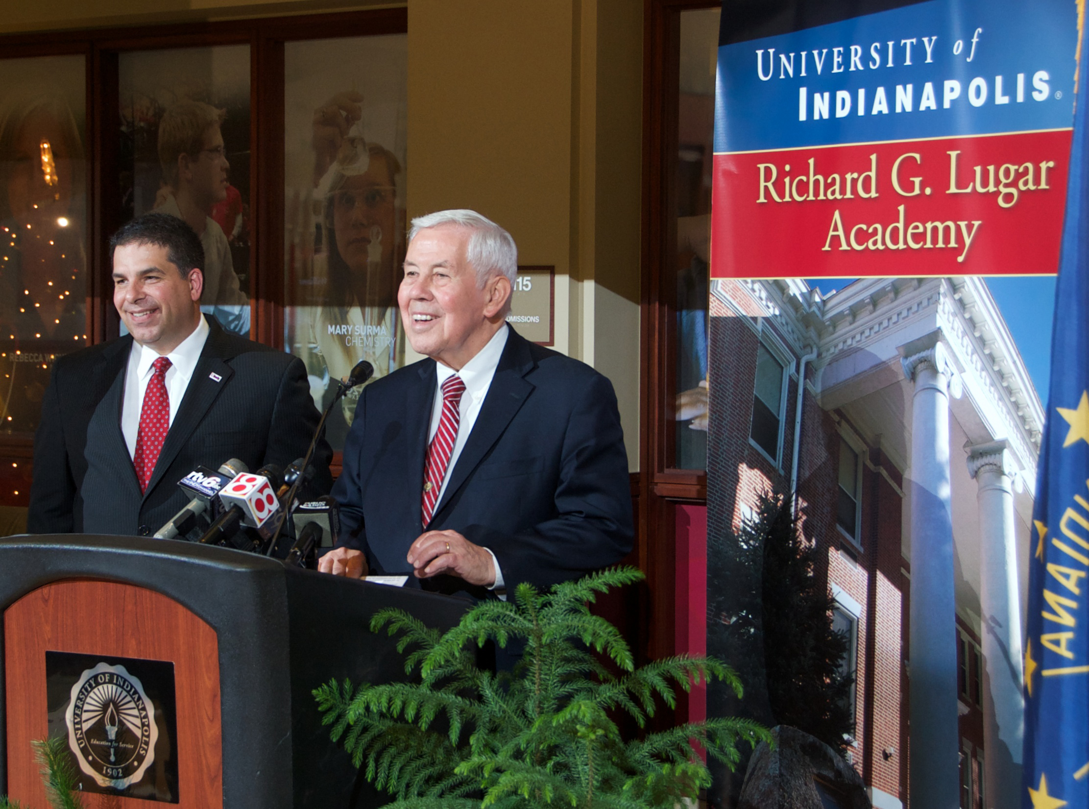 Sen. Richard Lugar (right) and University of Indianapolis president Robert Manuel announce the launch of the school’s Richard G. Lugar Academy. UMNS photo courtesy of the University of Indianapolis.