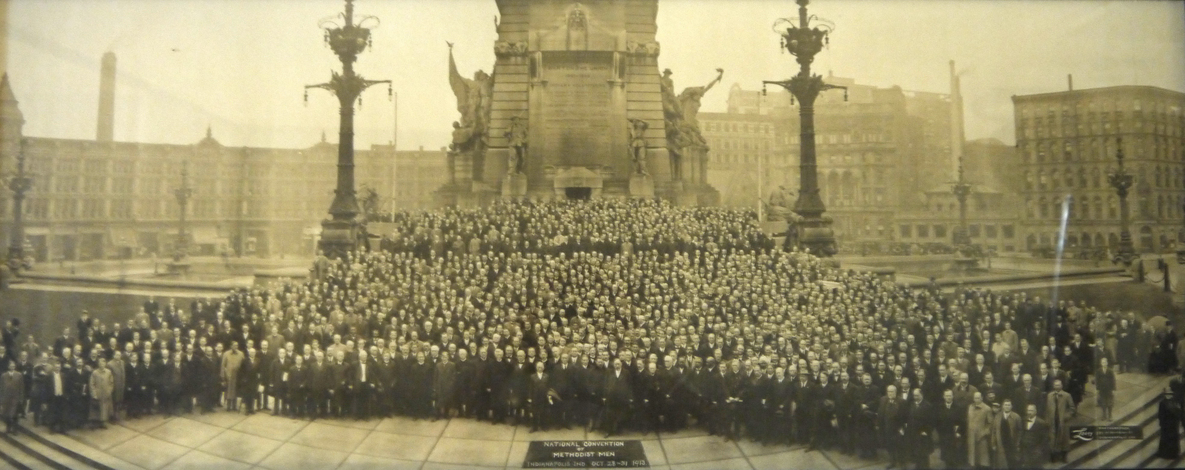 United Methodist Men gather around the Soldiers’ and Sailors’ Monument in Indianapolis during the 1913 convention.