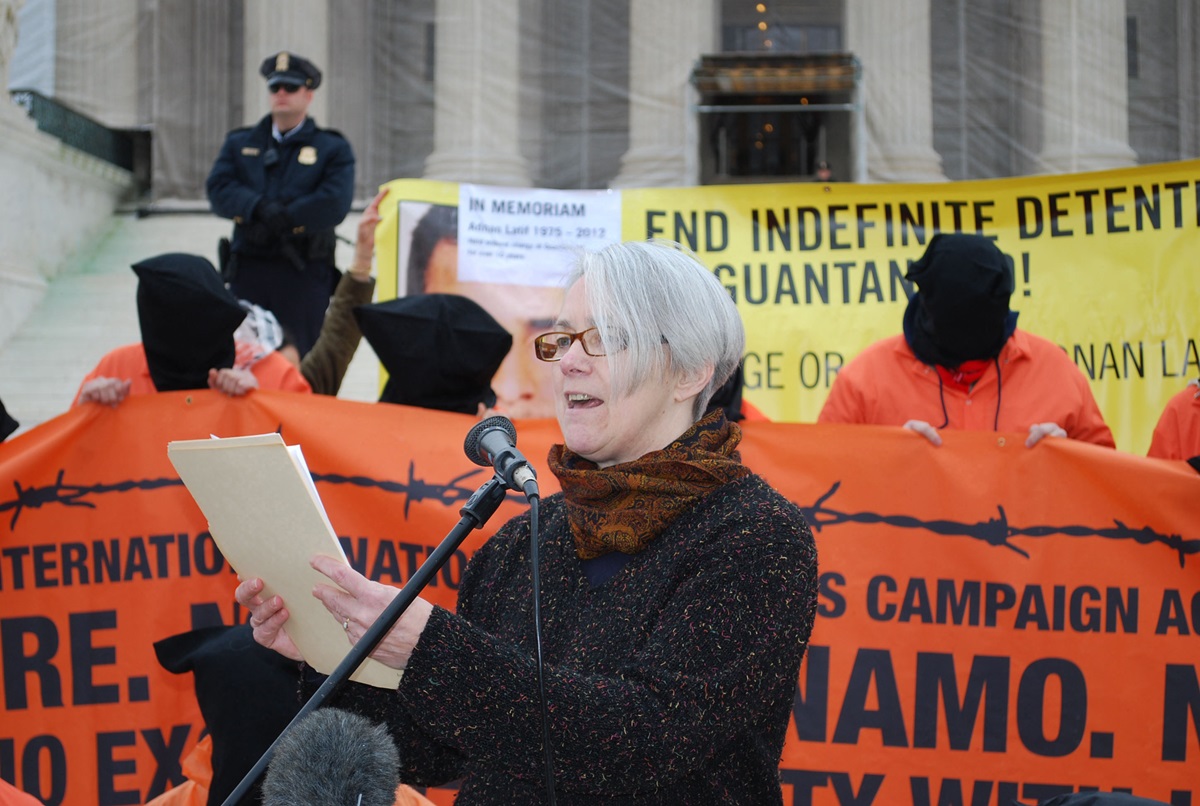Terry Rockefeller, member of the September 11th Families for Peaceful Tomorrows, speaks during the Day of Action.