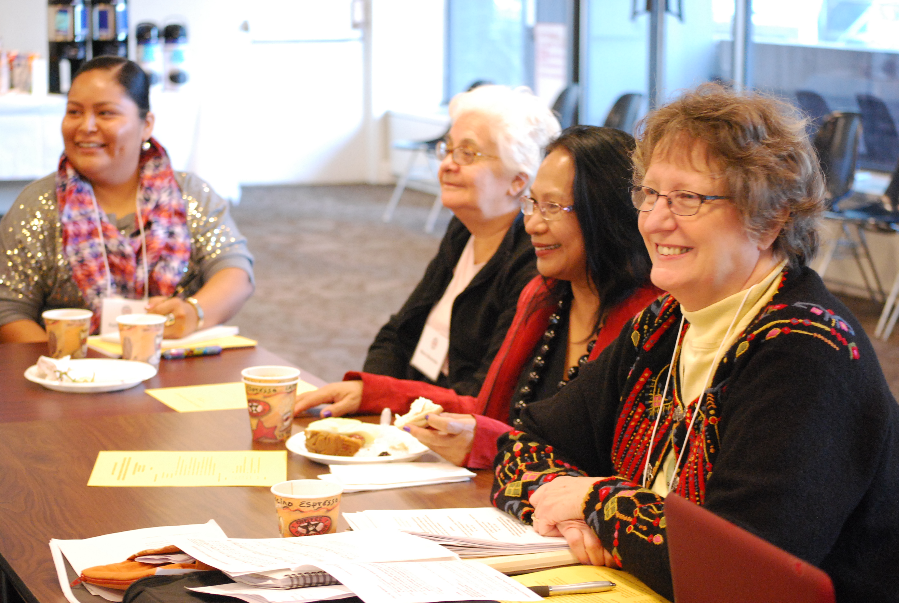 From left, Kelly Redhouse, Marta Benavides, Indai Sajour and Kristina Peterson participate in the “glocal gathering” organized by the Board of Church and Society. UMNS Photo by Michelle Whittaker.