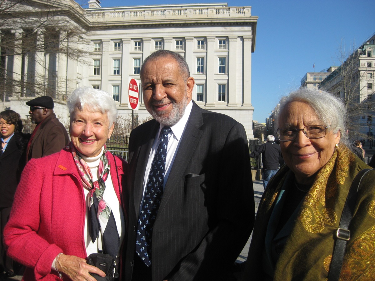 Jean Hodges(left), a member of First United Methodist Church in Boulder Colo., and the national vice president of Parents, Family, and Friends of Lesbians and Gays/PFLAG, the Rev. Gilbert H. Caldwell and Grace Caldwell attended the White House Honors ceremony. Photo courtesy of Jean Hodges.