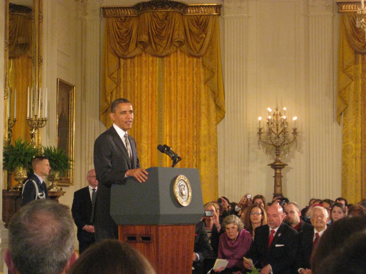 President Barack Obama presented the Presidential Citizens Medal to 18 recipients in a ceremony Feb. 15, 2012, at the White House. Photo courtesy of Jean Hodges.