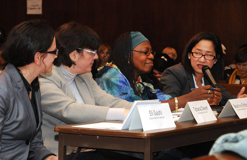 A panel discussion on violence against women during the 2012 U.N. Commission on the Status of Women meeting featured Eli Gashi, Titiana Dwyer, Beatrice Fofanah and Mavic Cabrera-Balleza. A UMNS file photo by John Goodwin