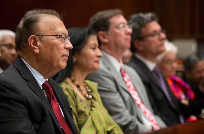 Guests listen during the 50th anniversary celebration of the Church Center for the United Nations in New York. From left are: Ambassador Anwarul K. Chowdhury, Lakshmi Puri, Jim Winkler and Thomas Kemper.