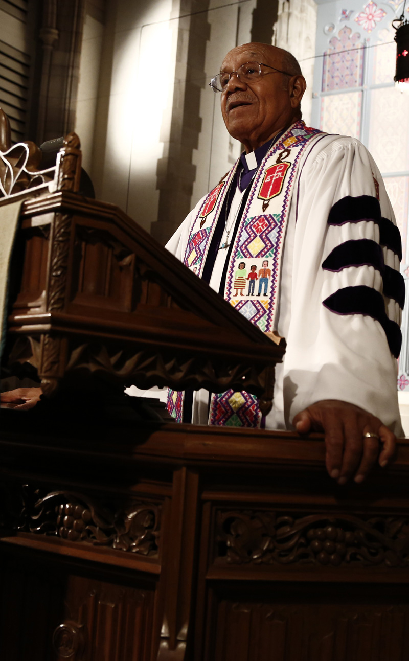 Retired Bishop Melvin G. Talbert preaches from the pulpit of Metropolitan Memorial United Methodist Church in Washington, D.C. for Reconciling Ministries Network’s Celebration of Biblical Obedience. A RMN 2012 file photo by Sam Piczuk.