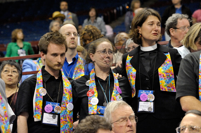 Gay rights supporters react tearfully to an April 30 vote at the 2008 United Methodist General Conference, retaining the church’s position that the practice of homosexuality is “incompatible with Christian teaching.” A UMNS photo by Paul Jeffrey.