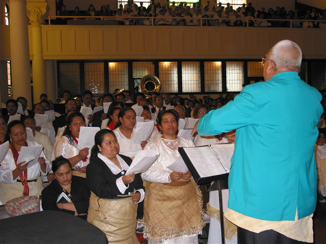 Tongan congregations of the California-Nevada Conference worship together at a New Year's celebration. The choir is from First Tongan UMC of Palo Alto (CA).