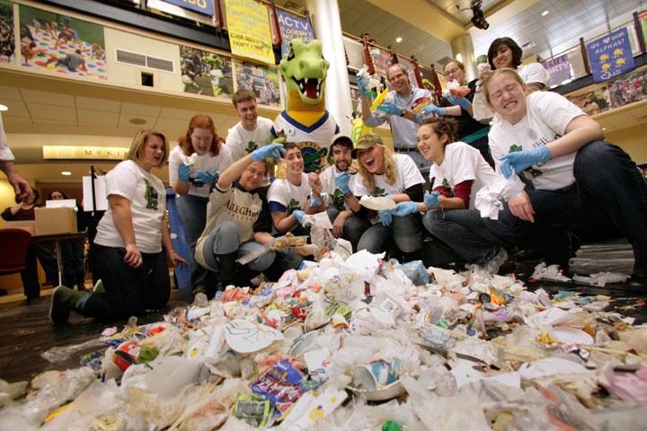 Allegheny students sort through garbage to promote the college's green efforts.