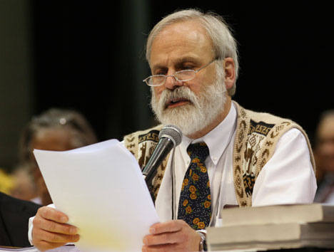 The Rev. Fitzgerald Reist reads a ruling from the United Methodist Judicial Council to the plenary of the denomination's 2008 General Conference. Reist is secretary of the General Conference.
