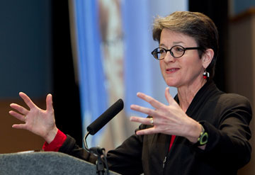 United Methodist Bishop Sally Dyck speaks about the importance of holy conversation during the pre-General Conference news briefing at the Tampa Convention Center in Florida. A UMNS photo by Mike DuBose.