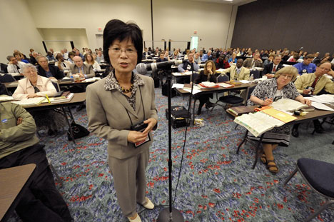 The Rev. Youngsook C. Kang speaks to the legislative committee on ministry and higher education at the 2008 United Methodist General Conference in Fort Worth, Texas.