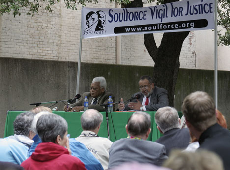 The Revs. James Lawson (left) and Gil Caldwell answer questions during an April 27 panel discussion hosted by Soulforce, an interfaith gay rights network.