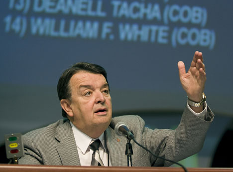 Bishop Michael Coyner presides as the 2008 United Methodist General Conference elects members of the denomination's Judicial Council during the assembly's legislative meeting in Fort Worth, Texas.