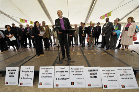 Bishop Timothy W. Whitaker of the Florida Area addresses an immigrant rights rally outside the Fort Worth Convention Center, site of the 2008 United Methodist General Conference. 