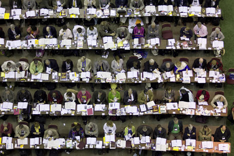 Delegates consider legislation during the 2008 United Methodist General Conference in Fort Worth, Texas. 