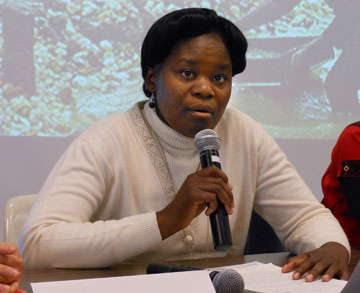 The Rev. Betty Kazadi Musau, United Methodist clergy from the Democratic Republic of Congo, speaks during a March 5 panel discussion on violence, economics and war at the Church Center for the United Nations. A UMNS photo by Leigh Rogers.