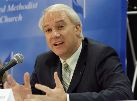 Bishop Thomas Bickerton answers questions at a press conference about the church's global health plan adopted by the 2008 United Methodist General Conference during its legislative meeting in Fort Worth, Texas.