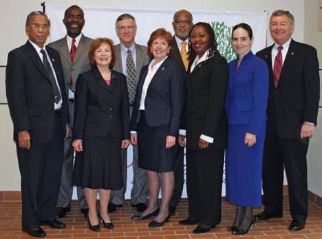 Members of the 2008-2012 Judicial Council of The United Methodist Church pose for a photo following their presentation to the denomination's 2008 General Conference. From left are: Ruben Reyes, the Rev. Dennis Blackwell, the Rev. Kathi Austin-Mahle, the Rev. Belton Joyner, the Rev. Susan Henry-Crowe, Jon Gray, Angela Brown, Beth Capen and the Rev. William Lawrence.  