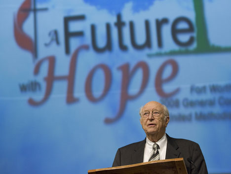 William H. Gates Sr. addresses delegates and visitors to the 2008 United Methodist General Conference. Gates, the father of Microsoft founder Bill Gates and a co-chairman of the Bill & Melinda Gates Foundation, spoke on the need to eradicate malaria worldwide.