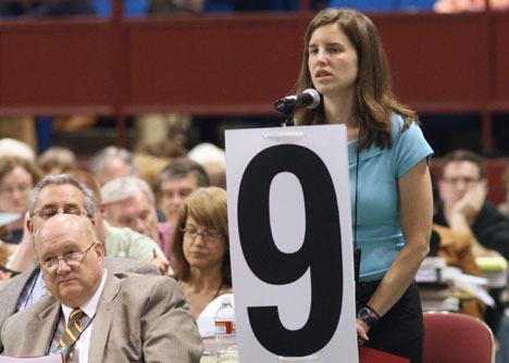 Tara Thronson of the Southwest Texas Annual (regional) Conference speaks on a petition from the Church and Society legislative committee during the 2008 United Methodist General Conference. 