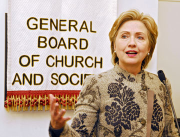 Hillary Rodham Clinton, then a U.S. senator, speaks during a reception given by the United Methodist Board of Church and Society in 2007. A UMNS file photo by Jay Mallin.
