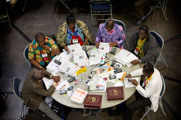 Delegates from Cote d'Ivoire consider legislation at the 2012 United Methodist General Conference in Tampa, Fla. A UMNS photo by Mike DuBose.