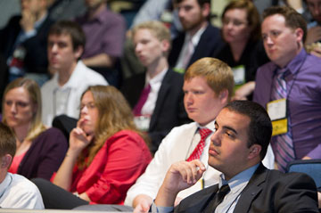 Young clergy members take part in a question-and-answer session during the 2012 General Conference to express their concerns over young adults being excluded from discussions about proposed church restructuring. A UMNS photo by Mike DuBose.
