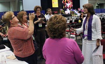 Newly elected Bishop Sandra Steiner Ball takes questions after her July 18 election to the episcopacy by the Northeastern Jurisdictional Conference. Photo courtesy of the West Virginia Annual (regional) Conference.