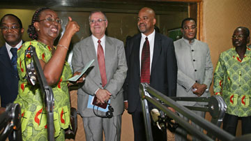 Acquah expresses her joy before guests (from left) Yao Saki, the Rev. Larry Hollon, the Rev. Gary Henderson and Pascal N’Guessan Affi.