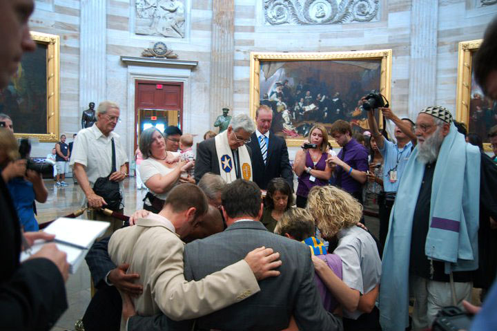 Eleven faith leaders were arrested after they refused to stop public prayers in the U.S. Capitol in July. The group agreed today to a pretrial resolution of the misdemeanor charges. Photo courtesy of Common Cause.