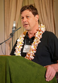 The Rev. Michael Christensen, director of Communities of Shalom, speaks during a cultural celebration for Shalom Summit in Los Angeles. UMNS photo by Greg Keating.