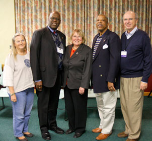 The new Council of Bishops officers from left to right are Bishop Mary Ann Swenson, Bishop Warner H. Brown Jr., Bishop Rosemarie Wenner, Bishop Robert Hayes Jr. and Bishop Peter Weaver.