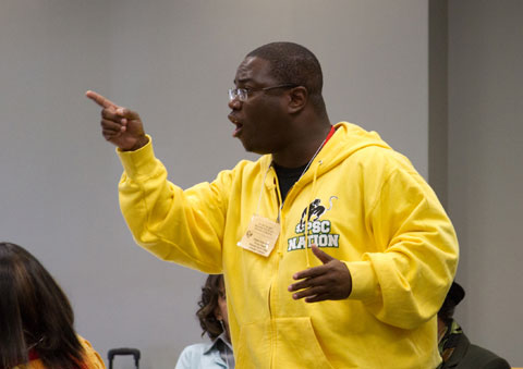 The Rev. Ronnie Miller-Yow, national president of Black Methodists for Church Renewal and pastor of Wesley Chapel United Methodist Church in Little Rock, Ark., shares his perspective at the Can We Talk? gathering. UMNS photos by Amy Forbus.