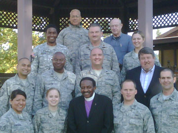 United Methodist Bishop Woodie White (front row, center) and the Rev. Randy Cross (second row, right) visit with the chaplaincy team stationed at Osan Air Force Base in South Korea. A UMNS web-only photo courtesy of the United Methodist Endorsing Agency.
