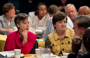 Members of the studio audience take part in a discussion of the denomination's future challenges.